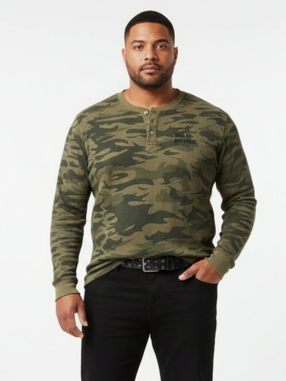 Harley Davidson Army Green Camouflage Print Long Sleeve Waffle Weave Shirt 2XL